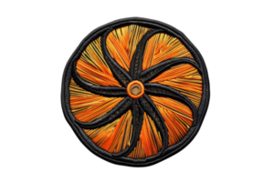 Close-up of a vibrant, handcrafted circular ornament with intricate orange and black weaving pattern, isolated on transparent background. png