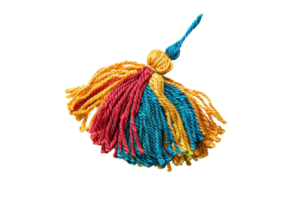 Close-up of a colorful handmade yarn tassel with red, blue, and yellow threads. Perfect for crafts, decorations, or accessory designs. png