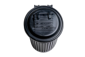 Top view of a closed black trash can with a plastic lid, isolated on a transparent background. png