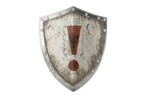 Medieval shield with exclamation mark, symbolizing warning or alert. Worn texture signifies history or battle use. png