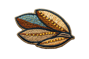 Colorful embroidered patch with leaf design, capturing intricate details on a transparent background. Ideal for customization and craft projects. png