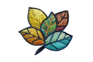 Colorful embroidered leaves with intricate texture and autumn theme, isolated on white. Perfect for crafts, design, and seasonal decoration. png