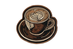 Artistic coffee cup illustration with intricate design, featuring a latte with heart foam art on a saucer, isolated on transparent background. png