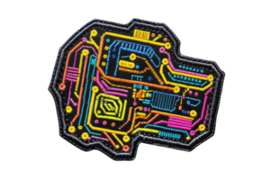 Colorful embroidered patch of a circuit board design, depicting vibrant technological connections and components in a modern pattern. png