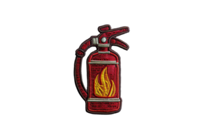 A detailed illustration of a red fire extinguisher with flames depicted on the front, isolated on a transparent background. png