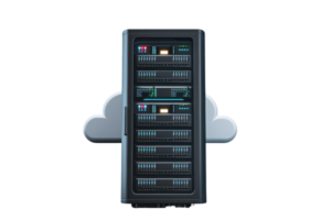 A high-quality image depicting a server rack with cloud computing technology, representing data storage, networking, and digital infrastructure. png