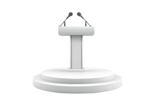 Empty white podium with two microphones, ready for a speech or presentation, isolated on a transparent background. png