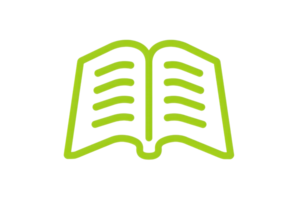 Green outline of an open book icon symbolizing education, learning, reading, knowledge, and literacy on a transparent background. png
