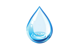 Illustration of a single blue water droplet with reflections and a ripple effect at the base, symbolizing purity and simplicity. png