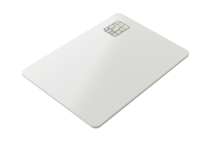 Minimalist white smart card with embedded chip, isolated on transparent background. High-resolution image ideal for technology and finance themes. png