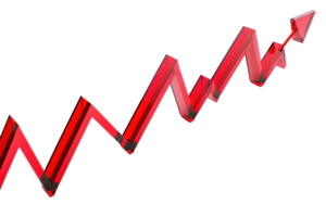 Red zigzag rising arrow representing positive growth and upward trend in business, finance, or success isolated on transparent background. png