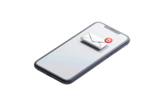 Smartphone on a transparent background. displaying an email notification with an envelope icon and red alert badge. High-quality, isolated image. png