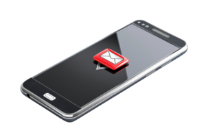 Smartphone with a new message notification icon. Modern mobile device displaying a red mail icon on the screen. Isolated on transparent background. png