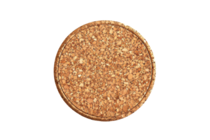 A top view of a textured, round cork coaster isolated on a transparent background. perfect for protecting surfaces from drink stains. png