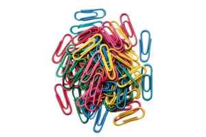 A vibrant collection of multicolored paperclips in various hues arranged in a random pile on a transparent background. png
