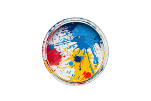 A vibrant display of multicolored paint splatters inside a paint can, captured from above against a transparent background. png