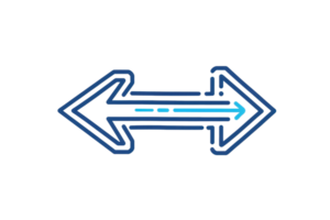Blue gradient double arrow pointing left and right, symbolizing bidirectional movement or exchange on a transparent background. png