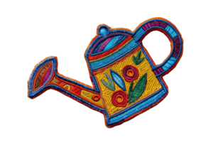 A vibrant, embroidered patch of a watering can with colorful floral patterns, perfect for decoration or crafts. png