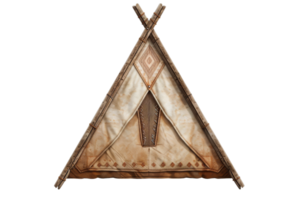 A detailed close-up of a traditional triangular teepee with intricate patterns and a rustic appearance, perfect for outdoor or cultural-themed uses. png