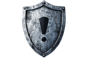 A weathered metallic shield with a black exclamation mark symbol, representing security and alertness. Ideal for defense or caution themes. png