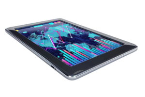 A modern tablet displaying financial graphs and data analytics, representing technology and business intelligence in a sleek design. png