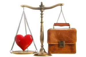A balance scale with a red heart on one side and a leather briefcase on the other, symbolizing work-life balance and priorities. png