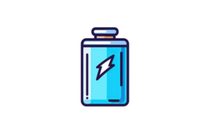 Illustration of a blue battery icon with a lightning bolt symbol, representing power, energy, and technology in a modern flat style. png