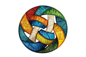 A colorful abstract circular design with intertwined geometric shapes in blue, yellow, red, and green on a transparent background. png