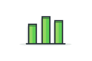 Minimalistic 3D bar graph with green rectangles representing data analysis, business growth, and statistical information on a transparent background. png