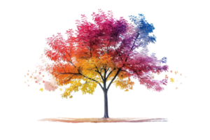 Beautiful watercolor tree with vibrant, multicolored leaves representing different seasons, set on a transparent background. png