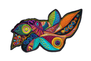 Beautiful multi-colored abstract embroidery patch with intricate swirling and leaf patterns, ideal for fashion decoration or crafting projects. png