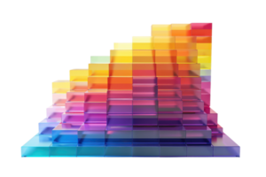 Colorful 3D bar chart illustration with gradient effect, showcasing data analysis, growth, business statistics in vibrant hues. png