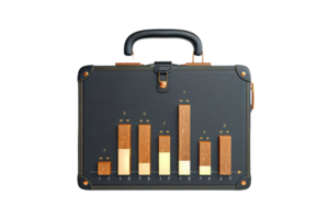 Business briefcase displaying a graph with wooden bars representing growth isolated on transparent background. png