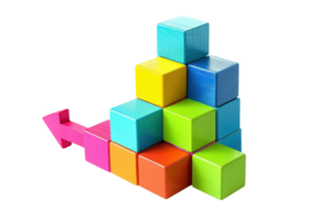 Colorful wooden cubes stacked in a pyramid with an arrow, isolated on a transparent background. symbolizing growth and progress. png