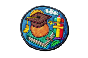 Colorful embroidered patch featuring a graduate cap, books, and school supplies, symbolizing education and learning. png