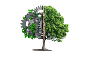 Conceptual image of half tree and half mechanical gears symbolizing the intersection of nature and technology, sustainability, and industry. png