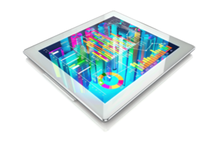 Digital tablet displaying colorful 3D business analytics and data visualizations. Perfect for technology and finance concepts. png