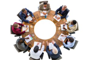 Diverse business team in a meeting, discussing strategies around a round table. Top view of professionals collaborating and brainstorming ideas. png