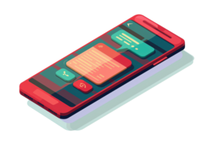 Isometric illustration of a smartphone displaying colorful chat bubbles, representing modern communication technology and digital messaging. png