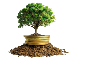 Green tree growing from a stack of golden coins placed on soil, symbolizing financial growth and sustainability. png