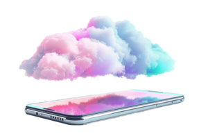 Modern smartphone with colorful cloud hovering above, representing digital cloud storage and technology innovation. png