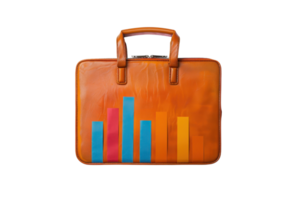 Orange briefcase with colorful bar graph design. Ideal for business, presentations, and financial concepts. png