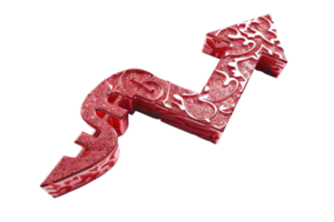 Red arrow design incorporating dollar sign symbolizing financial growth, success, and direction in vibrant mixed-pattern textures on transparent background. png