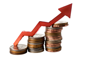 Stack of coins with a red upward arrow showing financial growth and success, representing investment and economic improvement. png