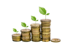Stacks of coins with green plant sprouts, symbolizing financial growth, investment, and economic progress. png