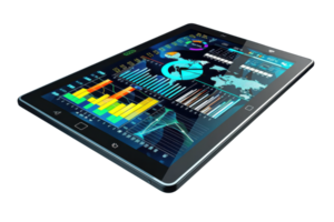 Tablet displaying interactive data analytics and charts, representing business and technology concepts. Ideal for tech and finance themes. png