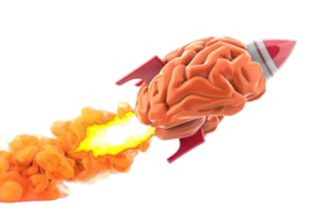 Creative depiction of a brain as a rocket, symbolizing innovation, intelligence, and the power of ideas taking flight with fiery propulsion. png