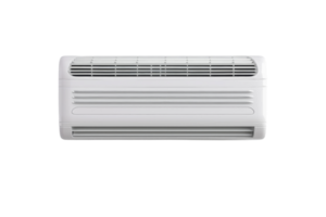 Wall-mounted white air conditioner unit, showing front view, isolated on transparent background. Modern HVAC appliance for indoor temperature control. png