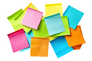 A colorful assortment of sticky notes in various shapes and sizes, perfect for reminders, organization, and creative brainstorming sessions. png