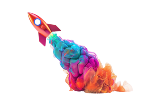 Vibrant rocket launching with colorful smoke, representing creativity and innovation in a dynamic abstract form. png